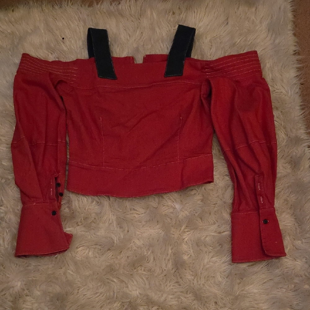 Elegant Red Off-Shoulder Crop Top with Black Straps